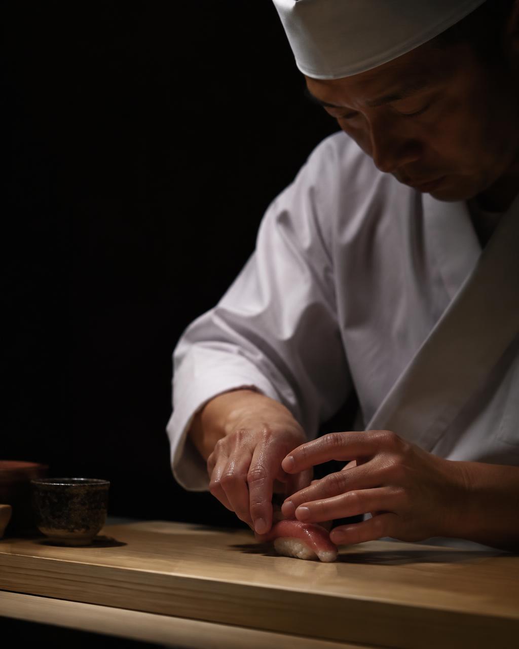 Chef preparando nigiri no balcão
